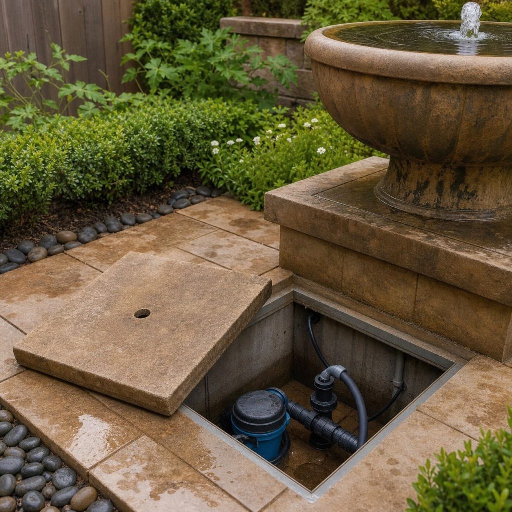 Garden fountain service hatch open beside a drained clean reservoir