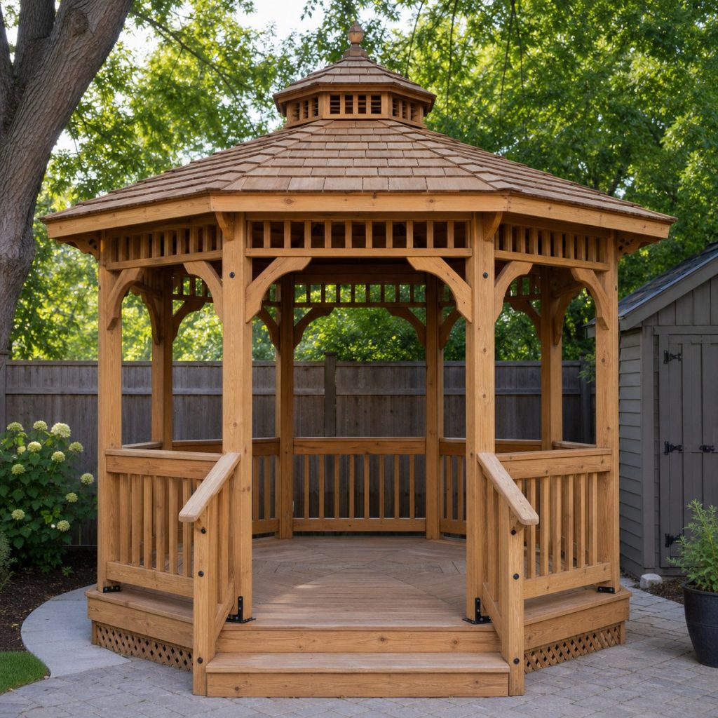 Octagonal wooden garden gazebo with eight posts railings and shingled roof