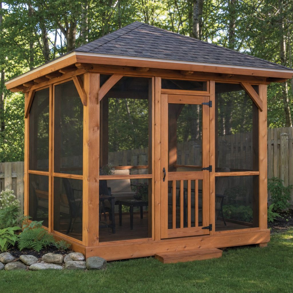 Screened cedar gazebo with door framed panels and roof overhang
