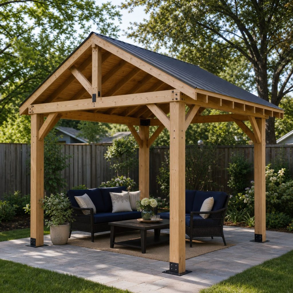 Rectangular open-sided garden gazebo with gable roof posts and knee braces