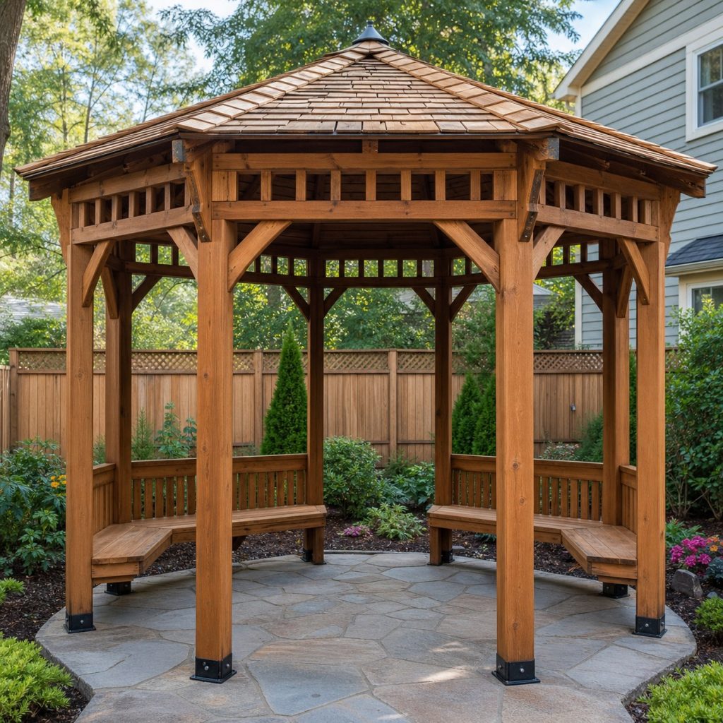 Wooden garden gazebo with perimeter benches attached inside structural posts