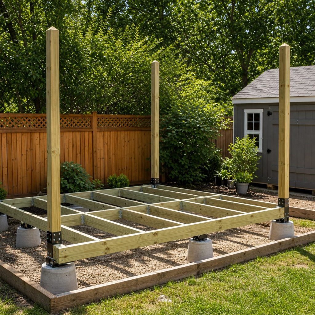 Gazebo foundation layout with concrete piers metal post bases beams and floor joists