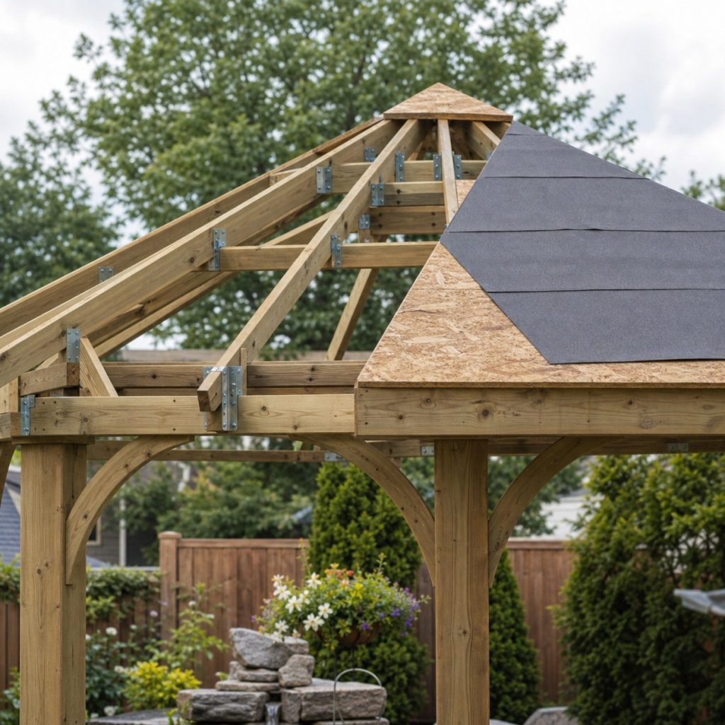 Garden gazebo roof framing with rafters structural connectors sheathing and underlayment