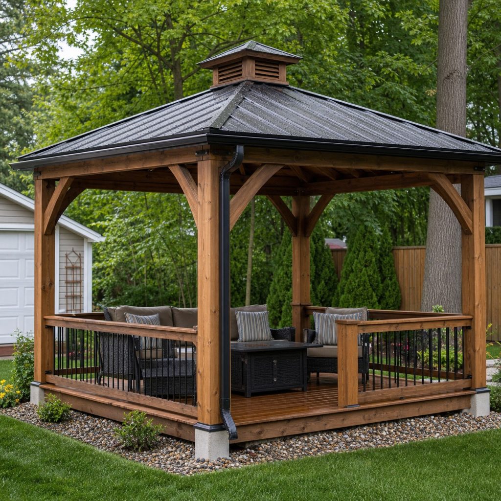 Finished garden gazebo after rain with gutters visible post bases and clear perimeter