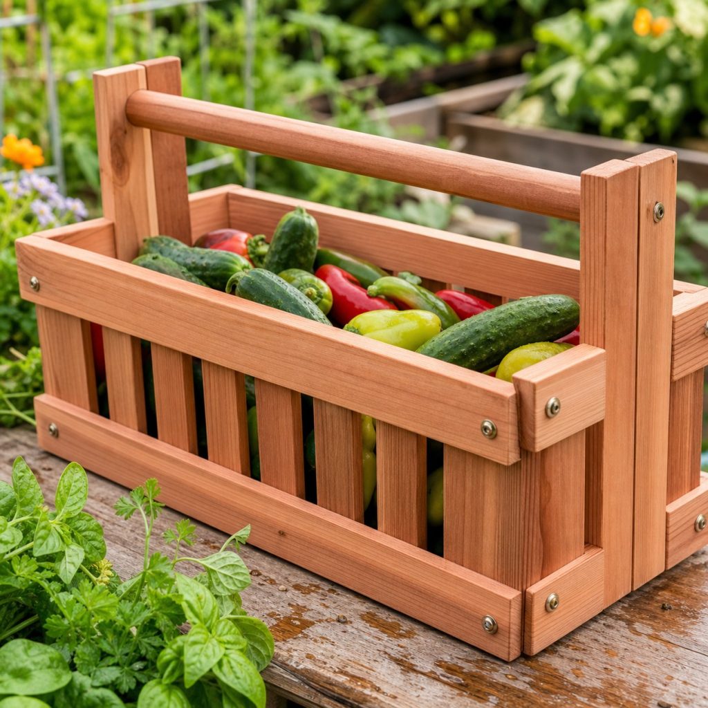 Rectangular cedar harvest basket with slatted sides and dowel handle