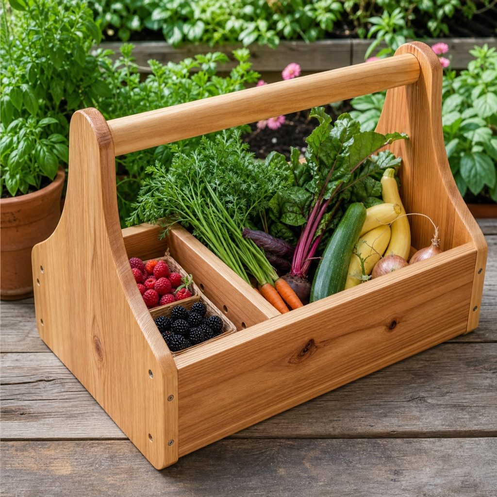 Divided wooden harvest basket separating berries from larger vegetables