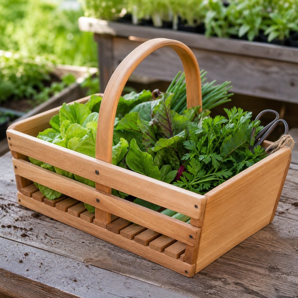 Low wooden garden trug carrying leafy greens with open slatted bottom