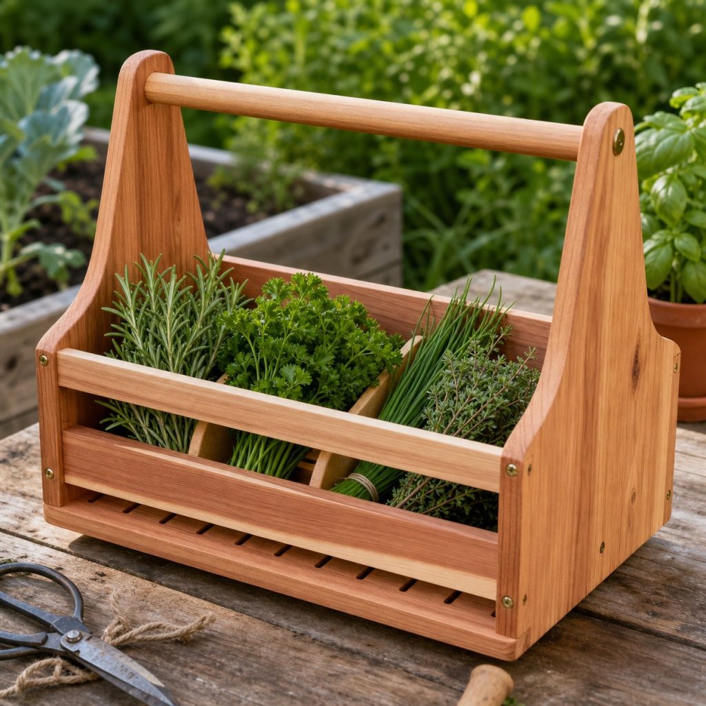 Small cedar herb basket with central handle and removable divider