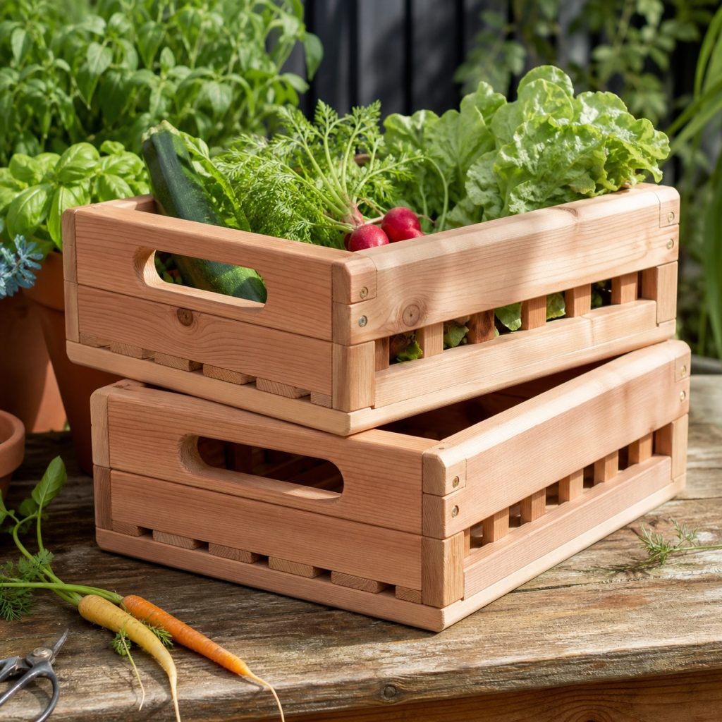 Pair of stackable wooden harvest baskets with aligned corner blocks
