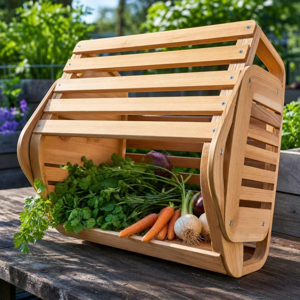 Clean wooden harvest basket drying upside down on a potting bench