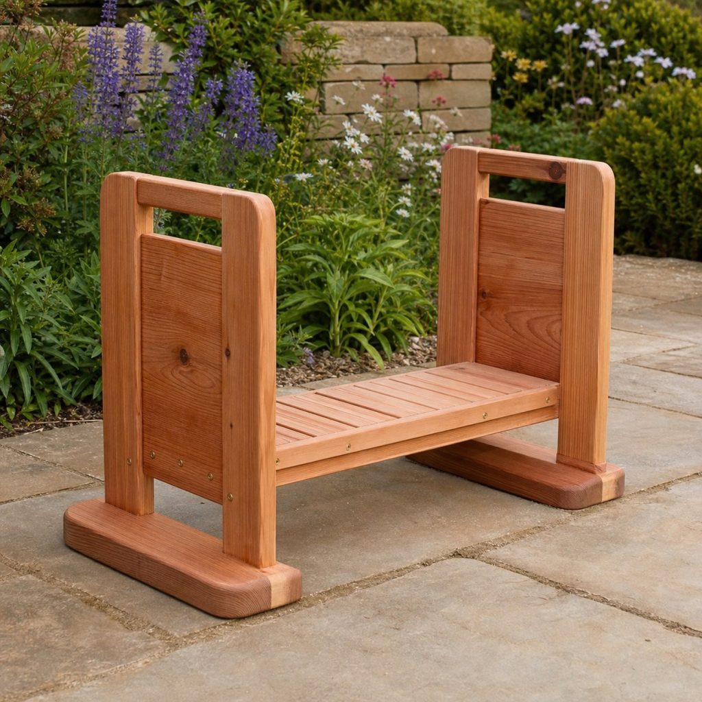 Cedar garden kneeler with broad wooden feet on firm garden paving