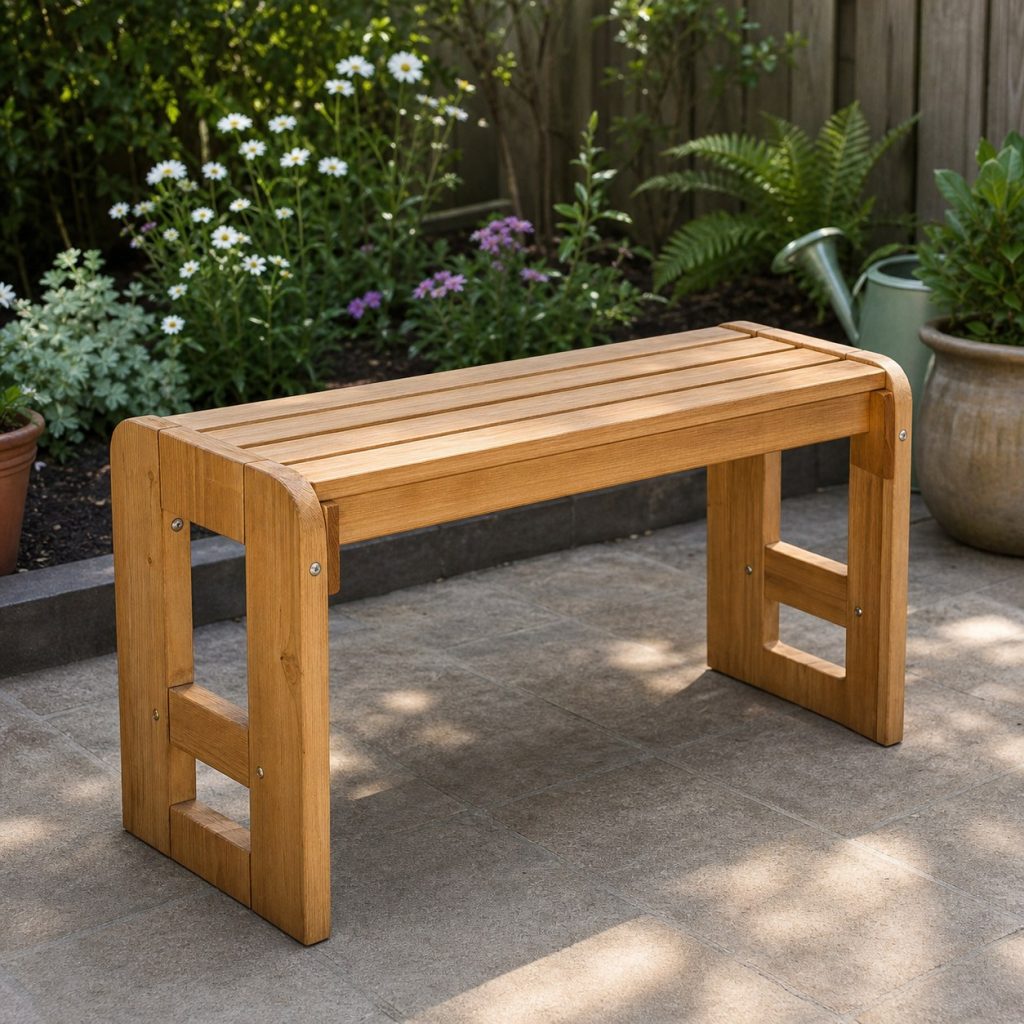 Wooden garden kneeler flipped into bench position with a slatted seat