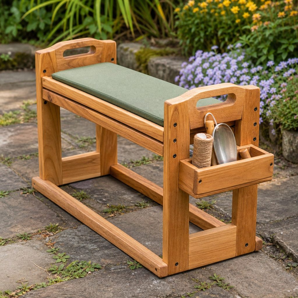 Wooden garden kneeler with shallow removable side tool tray