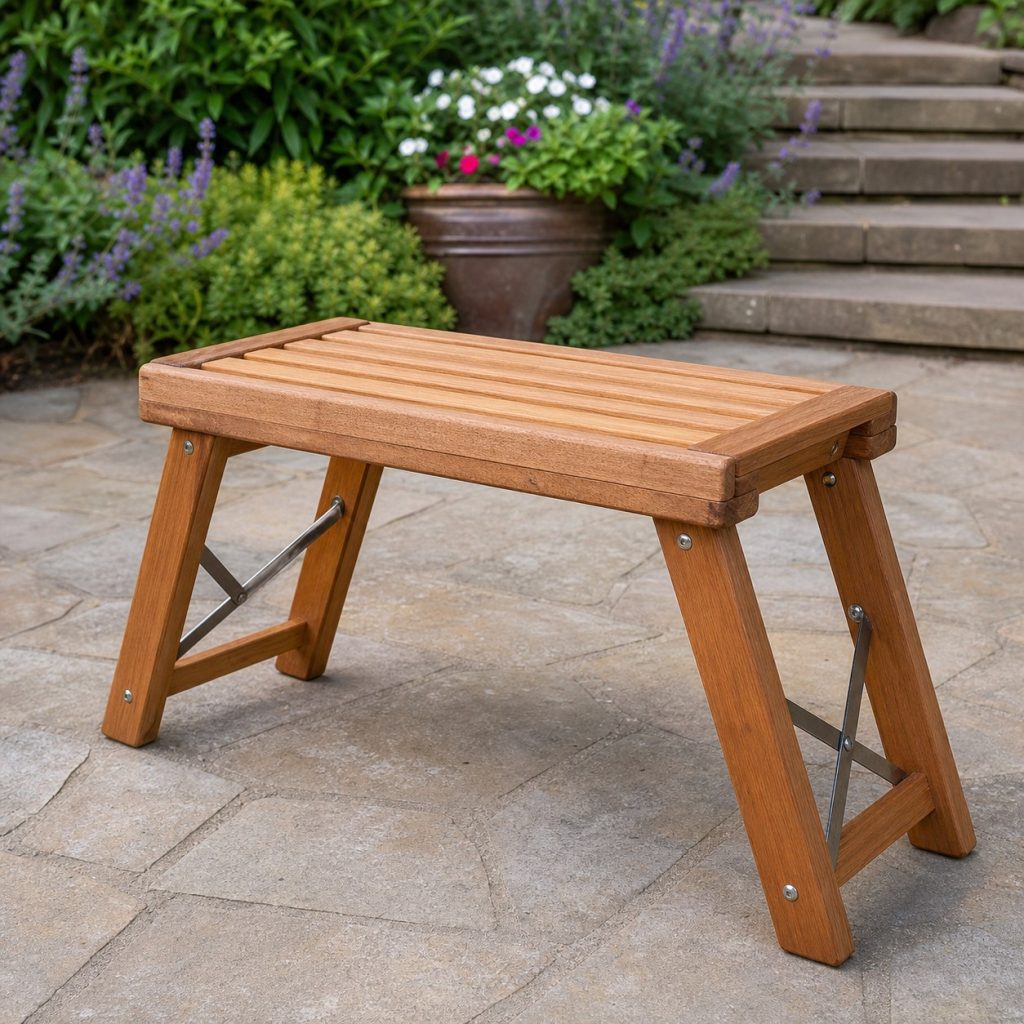 Wooden folding garden kneeler with locked side braces on a patio
