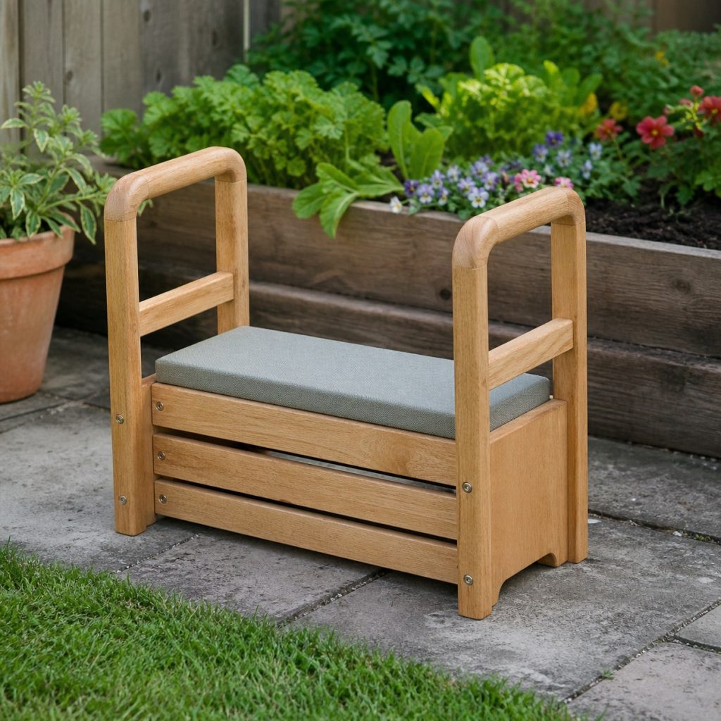 Wooden kneeler bench with tall rounded hand grips beside raised beds