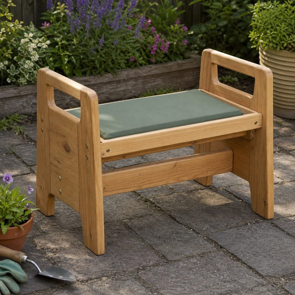 Garden kneeler with removable weather-resistant pad held in a wooden recess