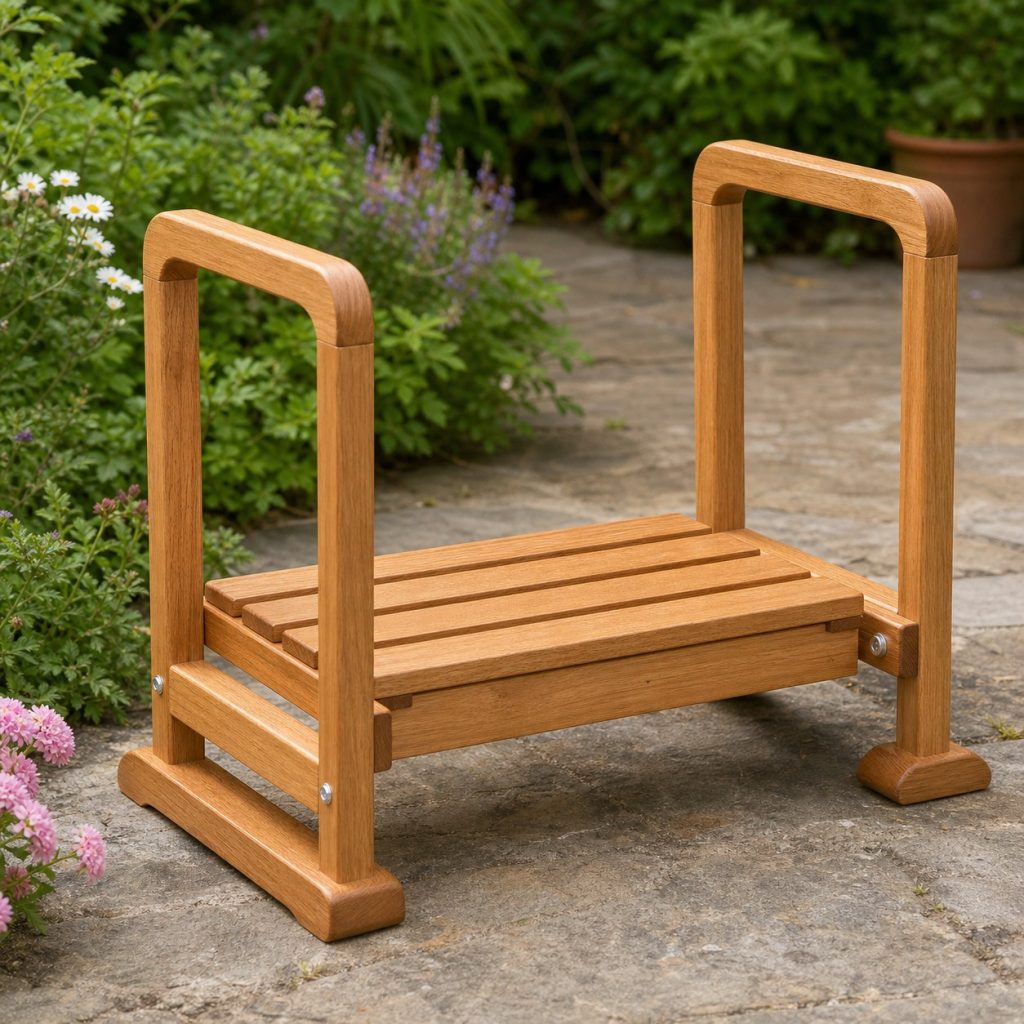 Close view of garden kneeler through-bolts, rounded handles, broad feet, and sealed joints