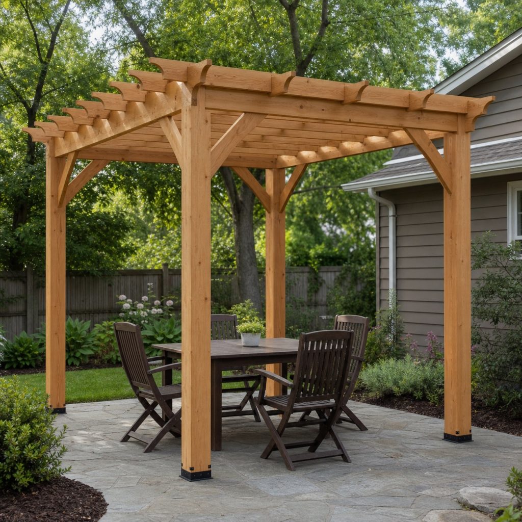 Freestanding cedar garden pergola with four posts beams rafters and corner braces
