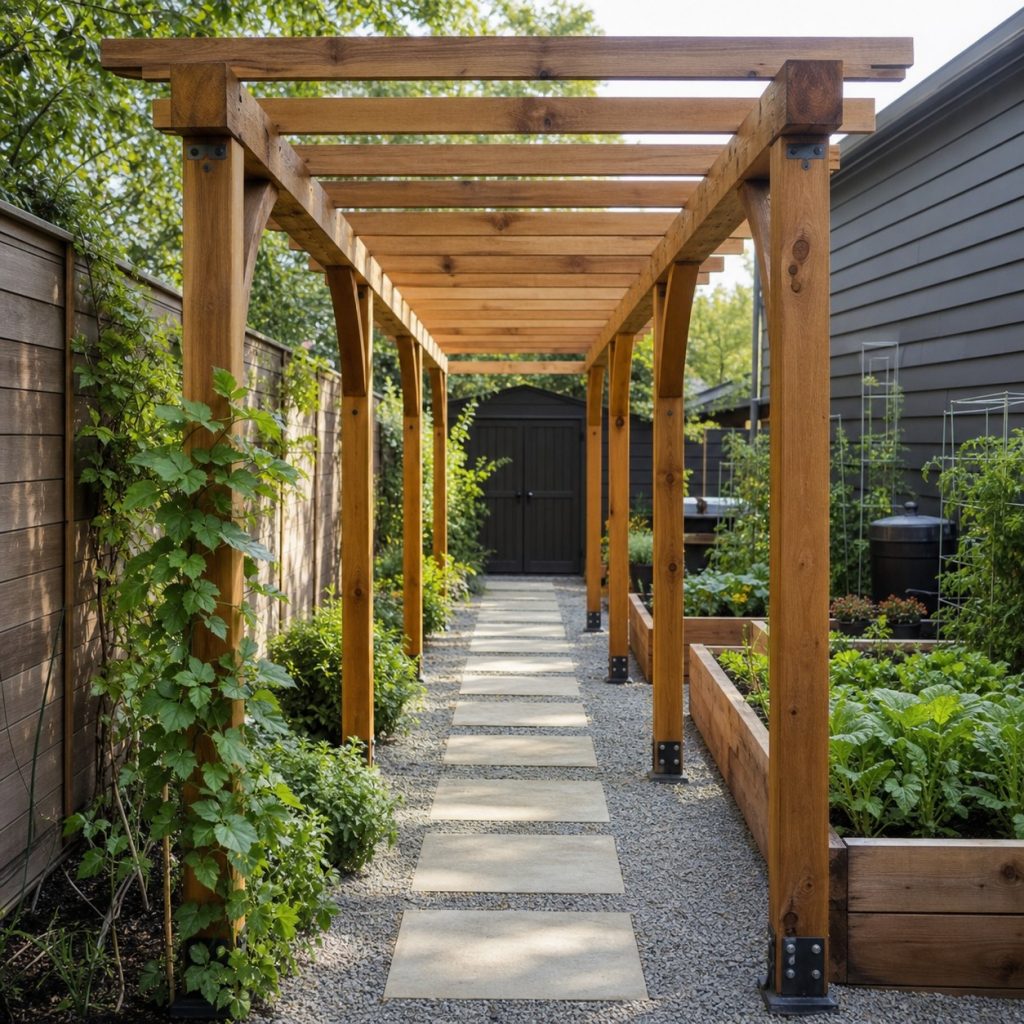 Long narrow wooden pergola defining a garden path with repeated post bays
