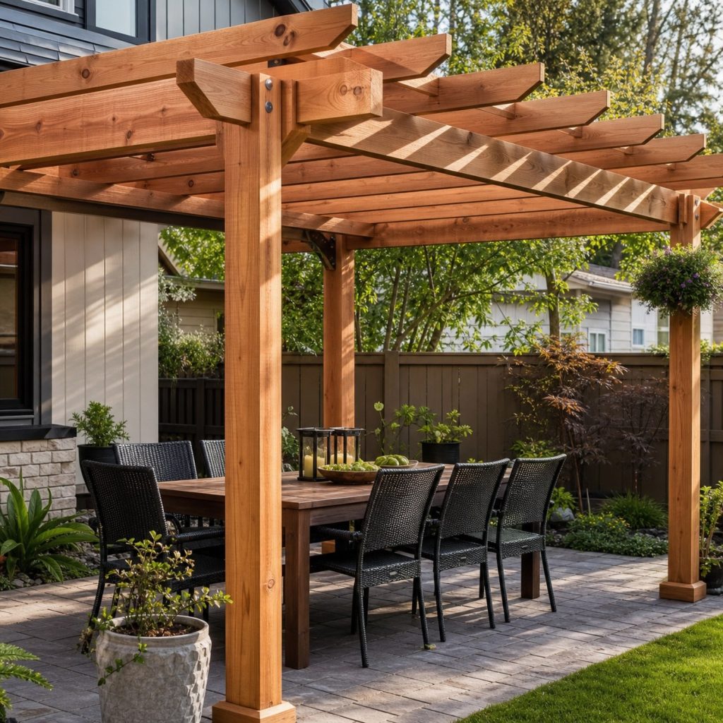 Cedar pergola over outdoor dining area with open rafters and clear circulation
