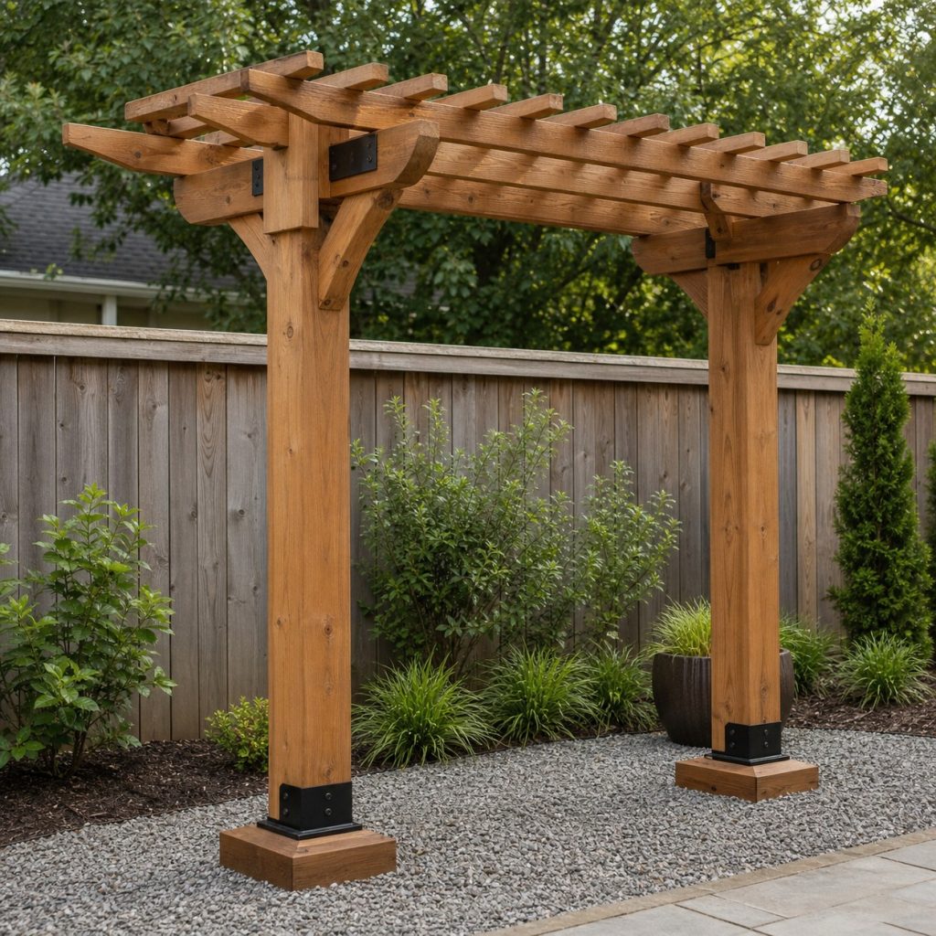 Compact garden pergola with two heavy posts and short cantilevered shade frame