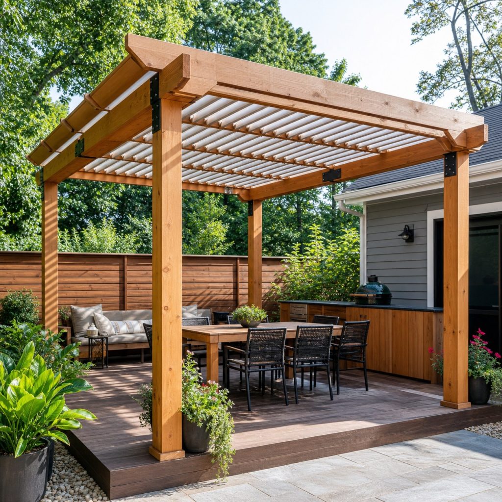 Wooden garden pergola with manufactured adjustable shade slats open overhead