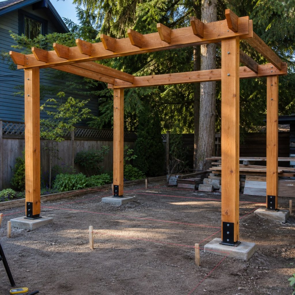 Garden pergola layout with concrete footings metal post bases and string lines