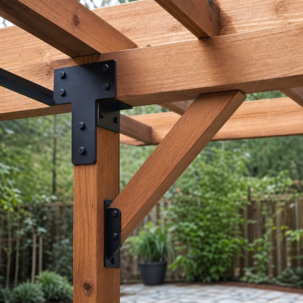 Close view of pergola post beam rafter connector and diagonal knee brace