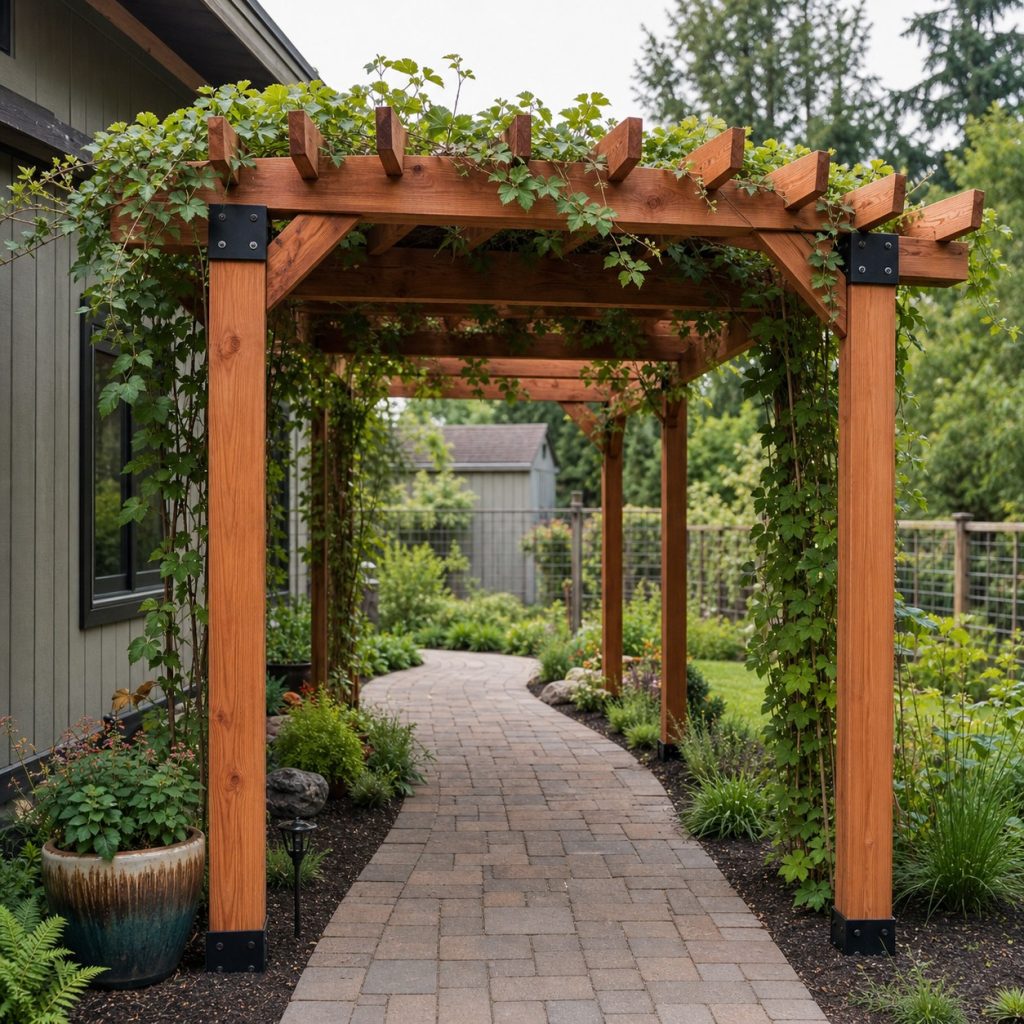 Mature vine-covered pergola with connections kept visible and path clear