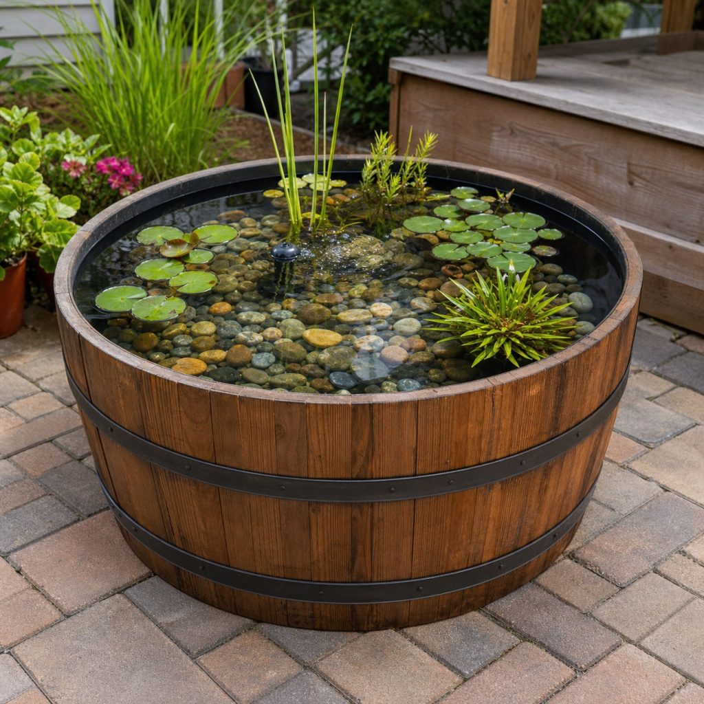 Large watertight patio container pond with aquatic plants stones and clear water