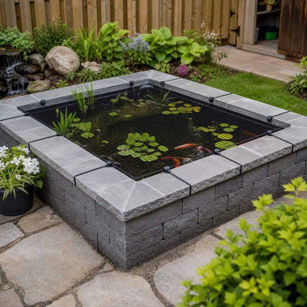 Low raised garden pond with masonry outer wall pond liner cap and protective barrier