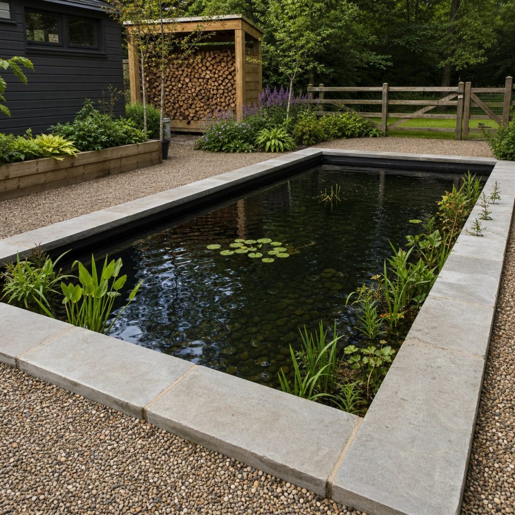 Formal rectangular garden pond with level coping central open water and planted edge