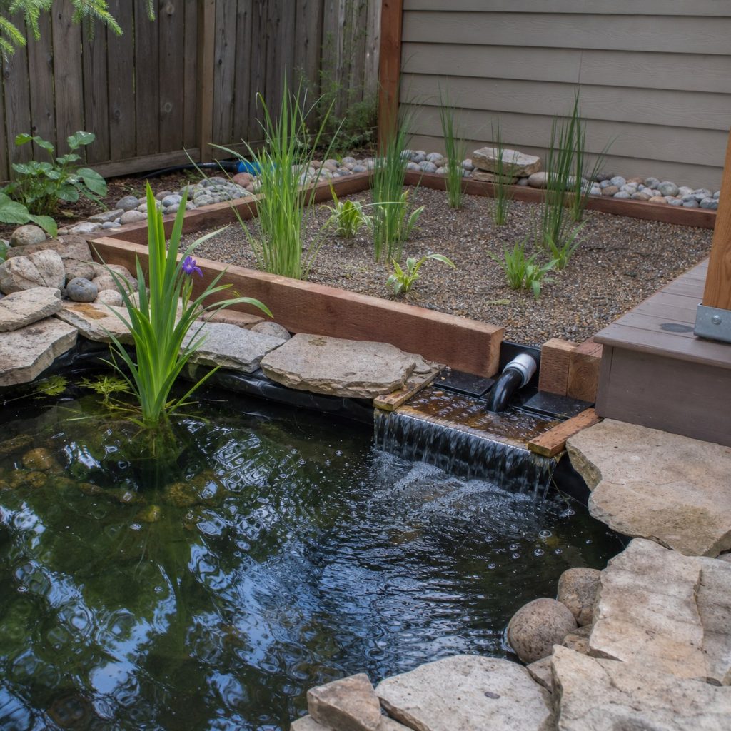 Garden pond connected to shallow planted gravel bog filter and return spillway