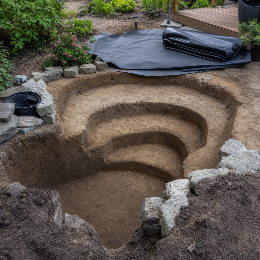 Garden pond excavation with stepped shelves smooth underlayment and liner ready nearby