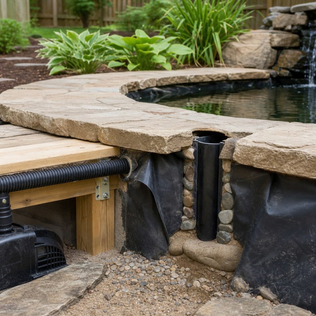 Garden pond edge detail with listed pump protected cable overflow pipe liner and stone coping