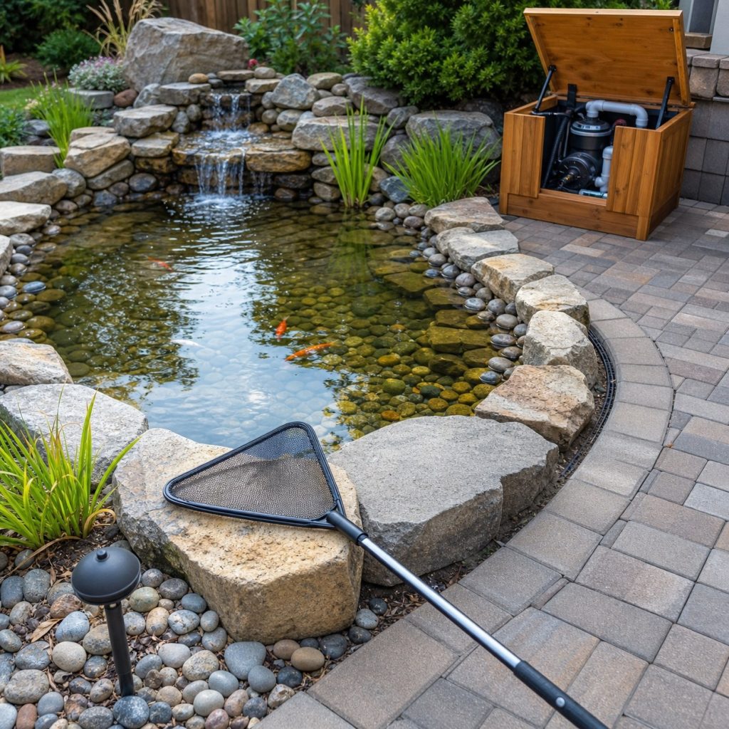 Clean garden pond with net skimmer clear path secure edge and accessible pump box