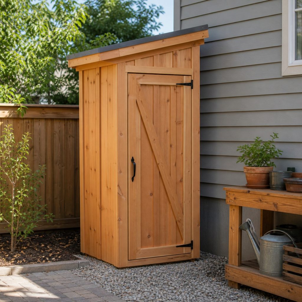 Narrow freestanding lean-to garden shed with single door and sloped roof