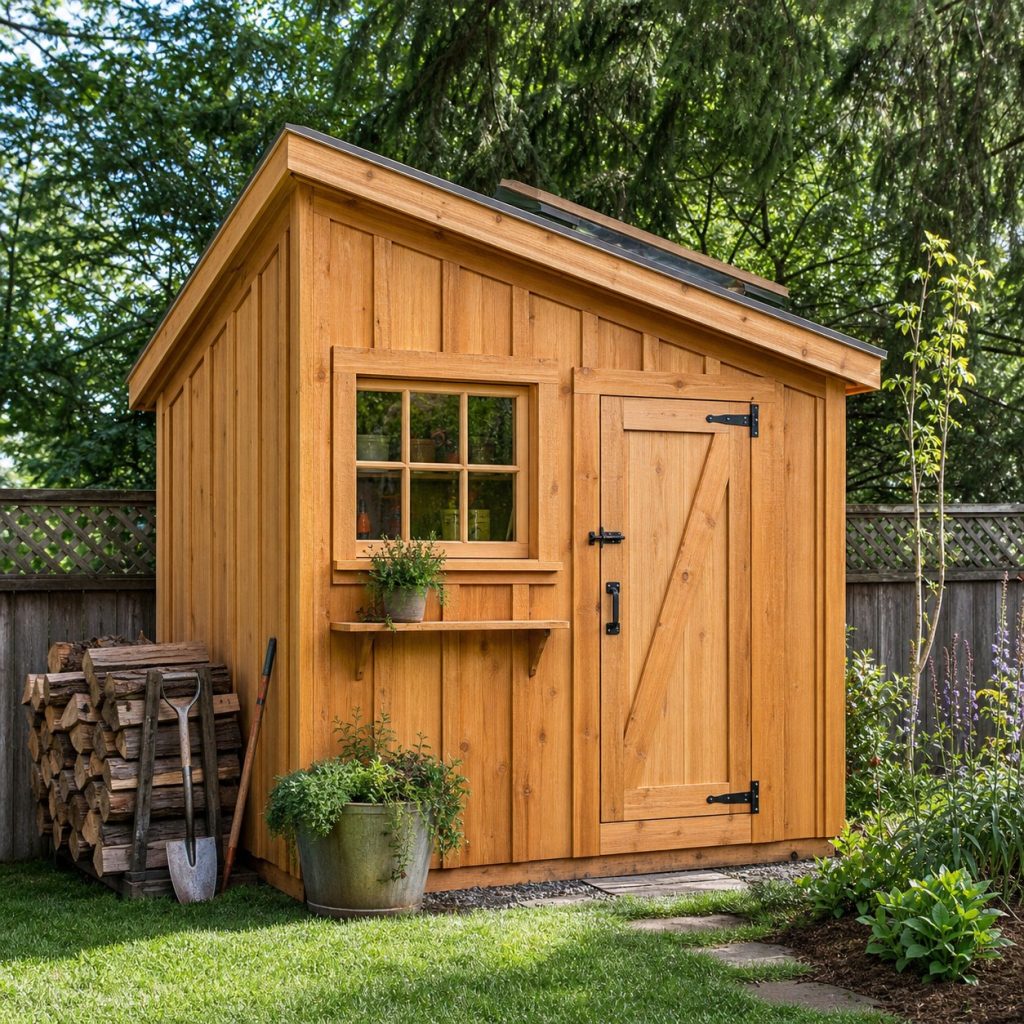 Small saltbox garden shed with offset ridge work window and tool door