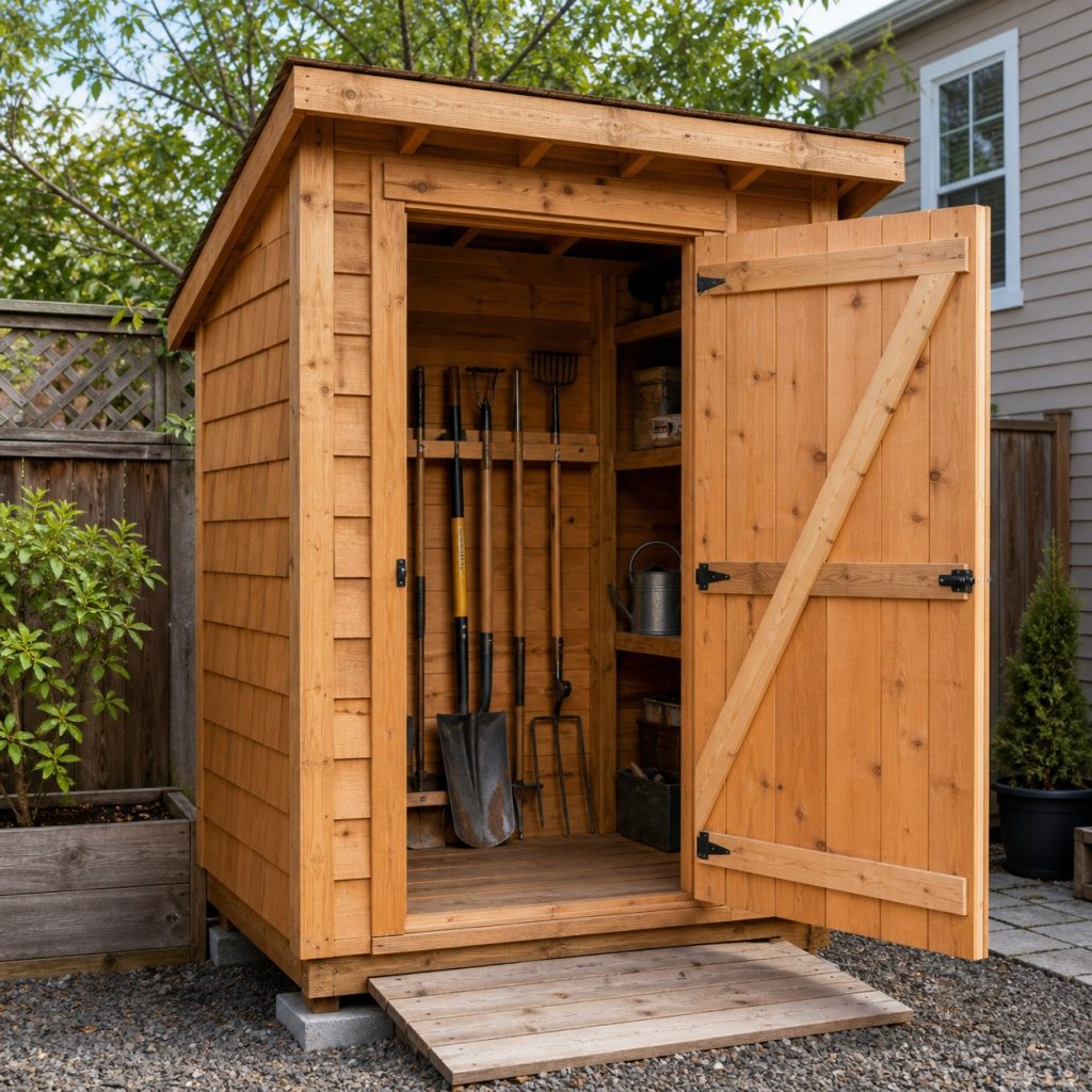 Four-by-six wooden garden tool shed with vertical rack and wide door