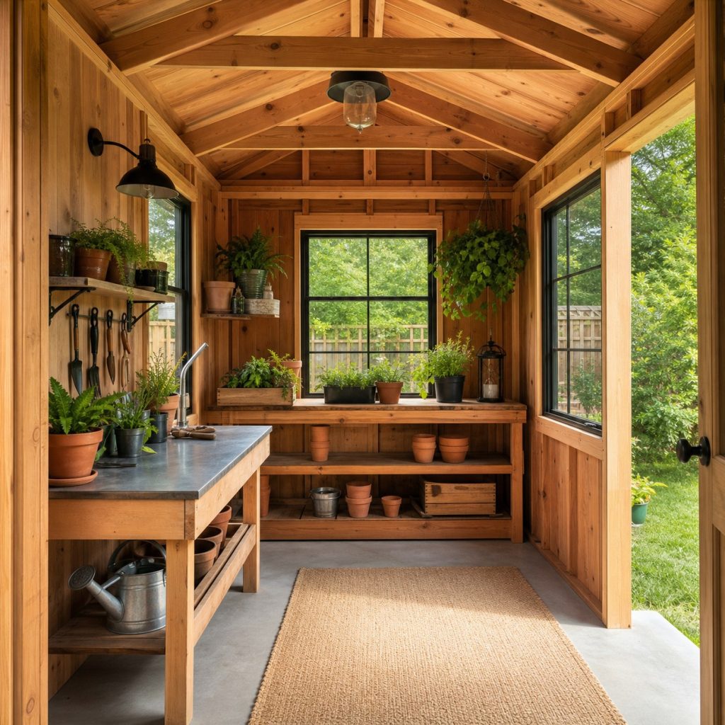 Garden potting shed interior with bright window bench shelves and clean floor