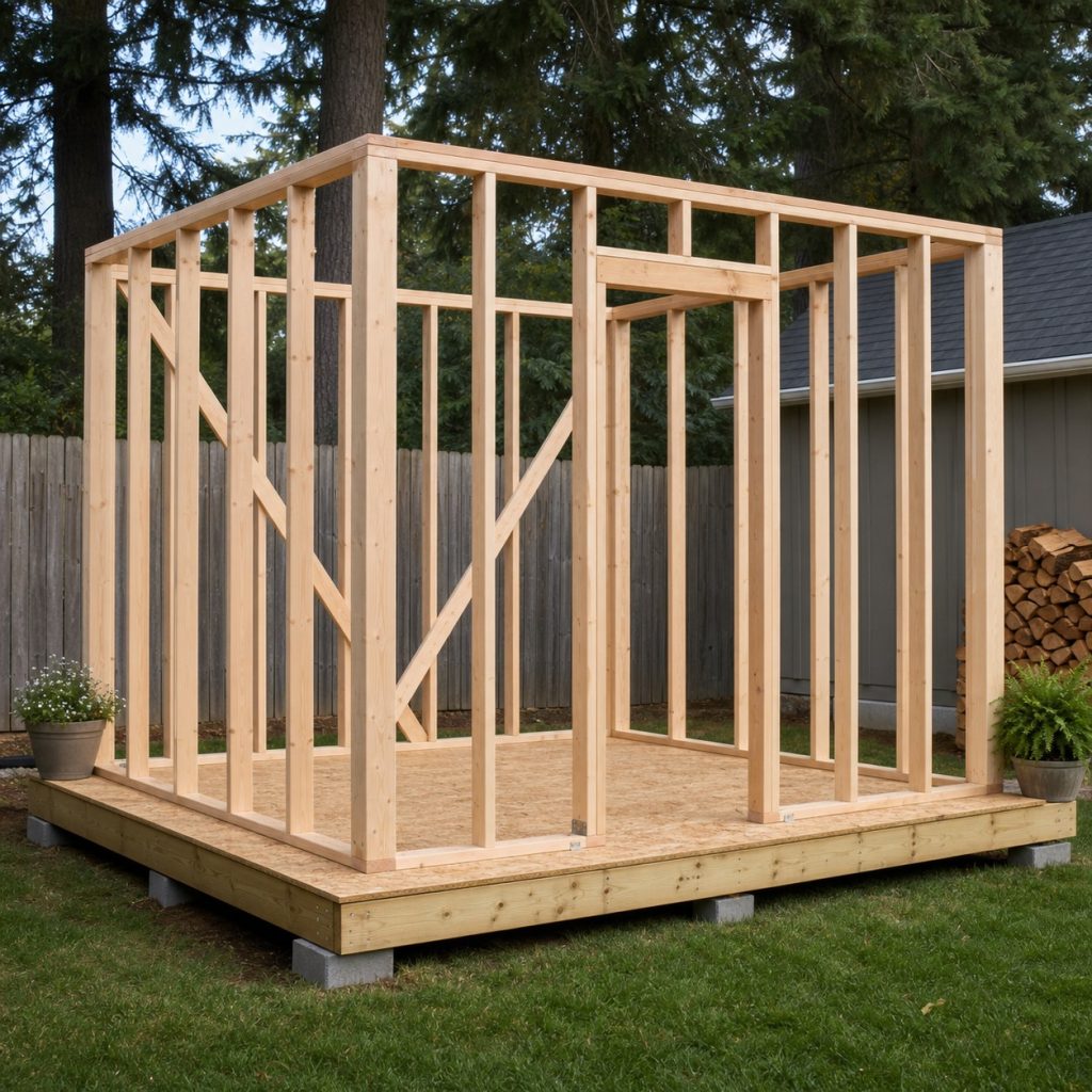 Garden shed wall frames under assembly on a square raised floor platform