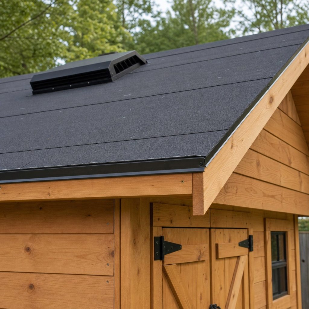 Close view of garden shed roof underlayment flashing drip edge and vent