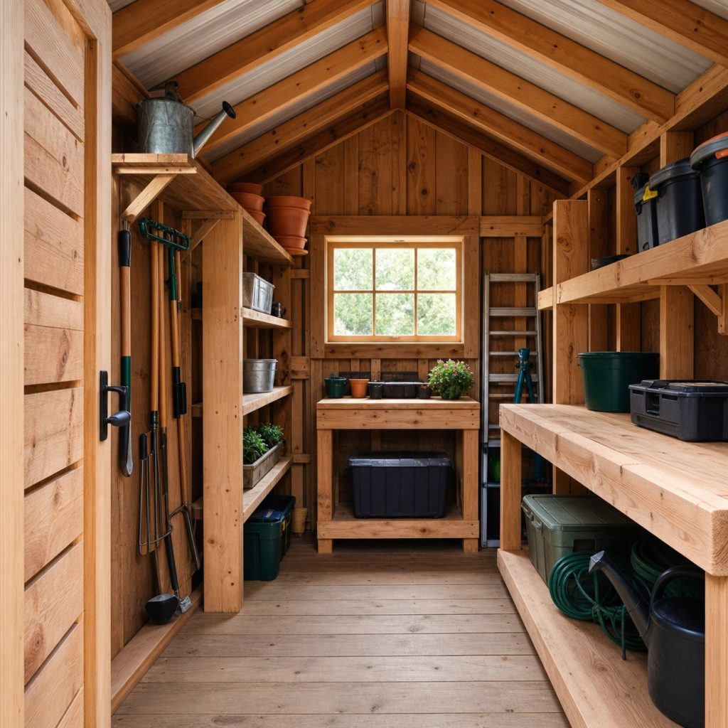 Finished garden shed interior with open aisle anchored shelves and tool storage