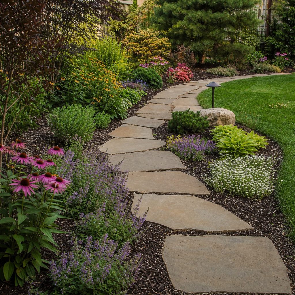 Curved natural flagstone stepping path winding through flower beds