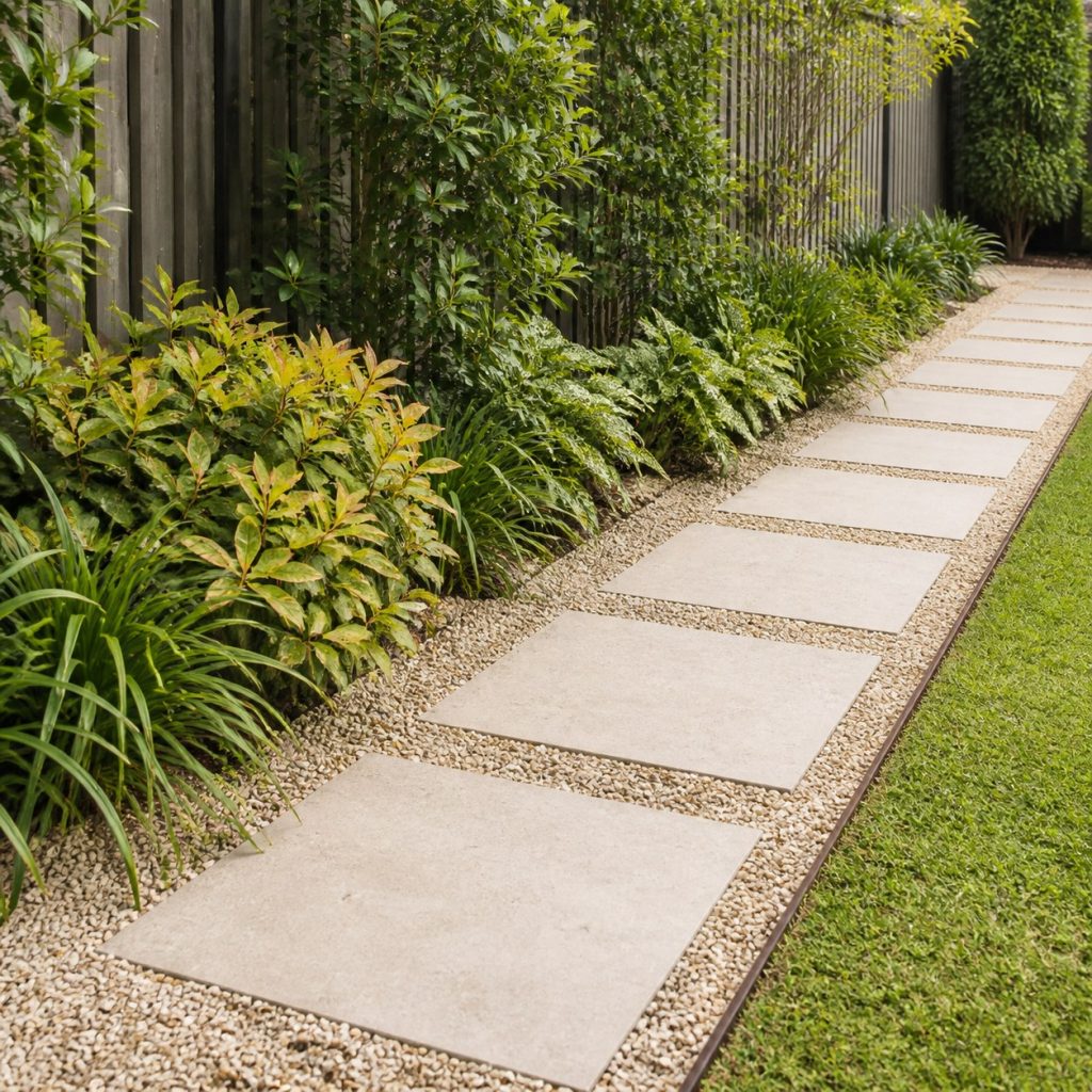 Large square pavers set in compacted fine gravel along a garden border