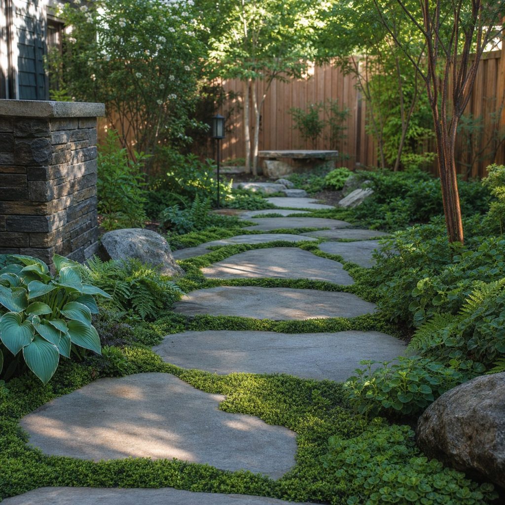Shaded stepping-stone path with low moss-like groundcover between stones