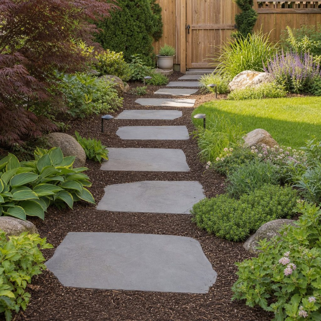 Alternating offset stepping stones forming a playful garden walkway