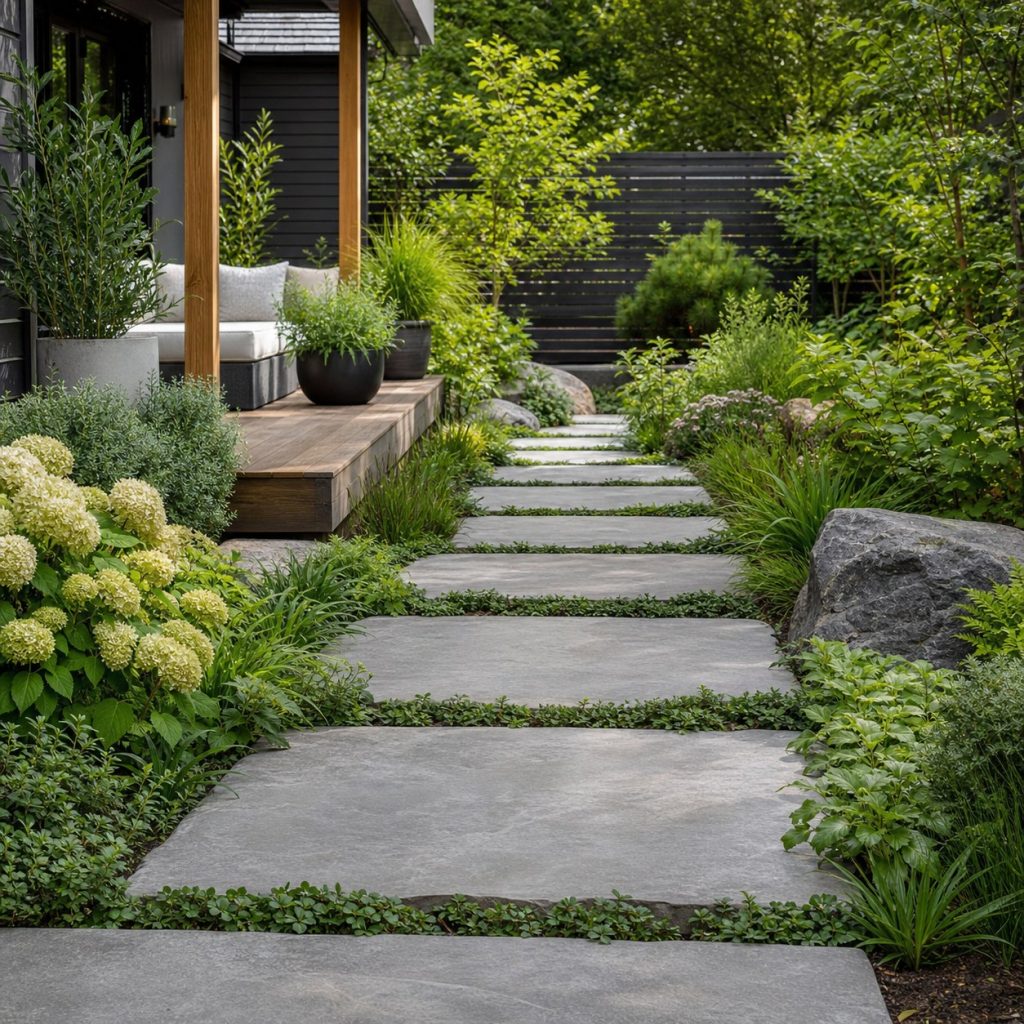 Garden path using extra-wide flat landing stones with narrow planted gaps