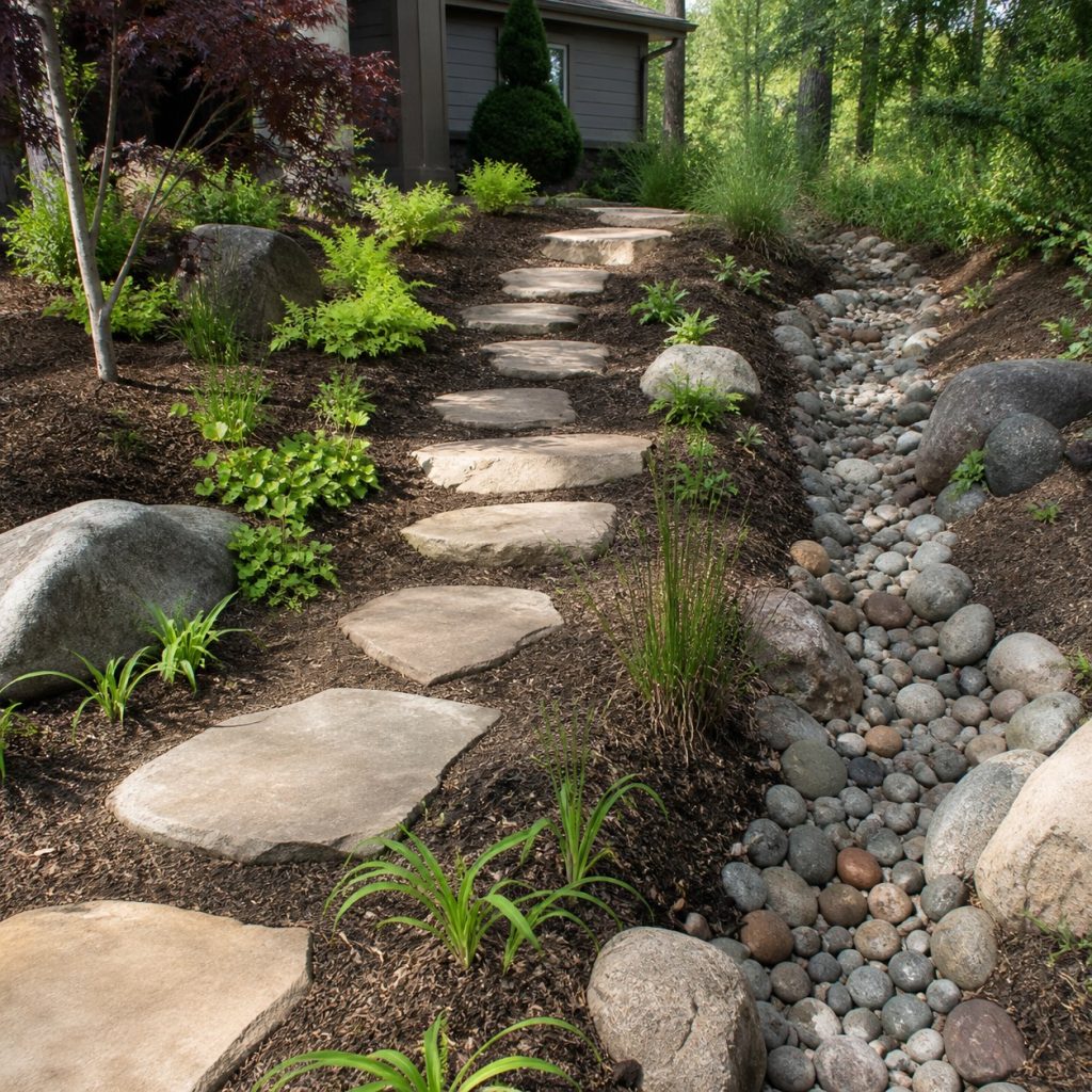 Stepping stones on a gentle garden slope with drainage swale beside path