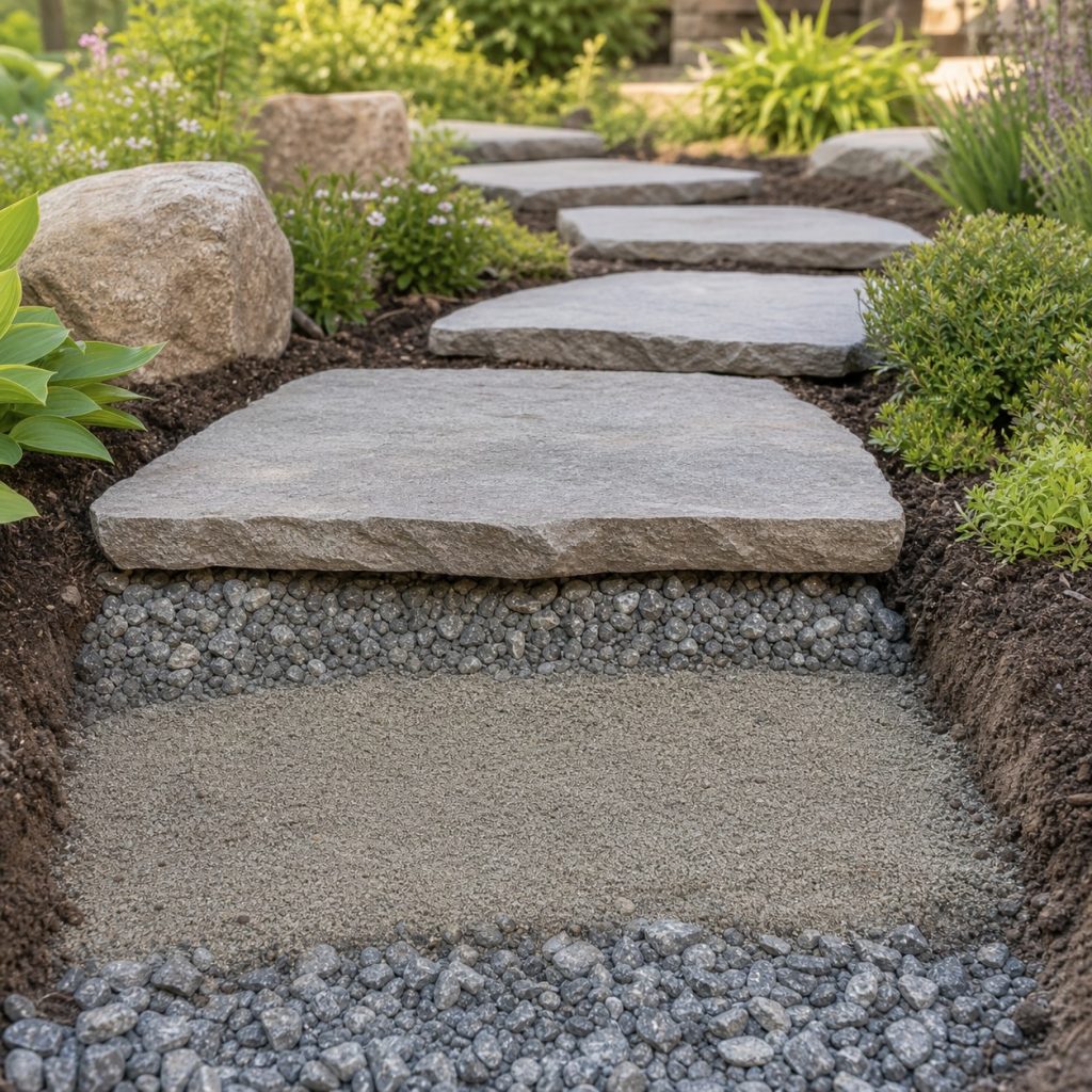 Worker-level view of compacted stone base beneath a garden stepping slab